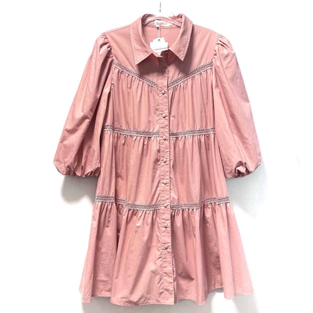 Ivy City Co. JoJo Pink Button Front Puff Sleeve Shirt Dress